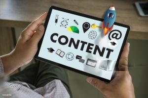 Content marketing business Content communication Data Blogging Media Publication Information Vision Technology Concept Social Advertising Data Search Man Research SEO stock photo