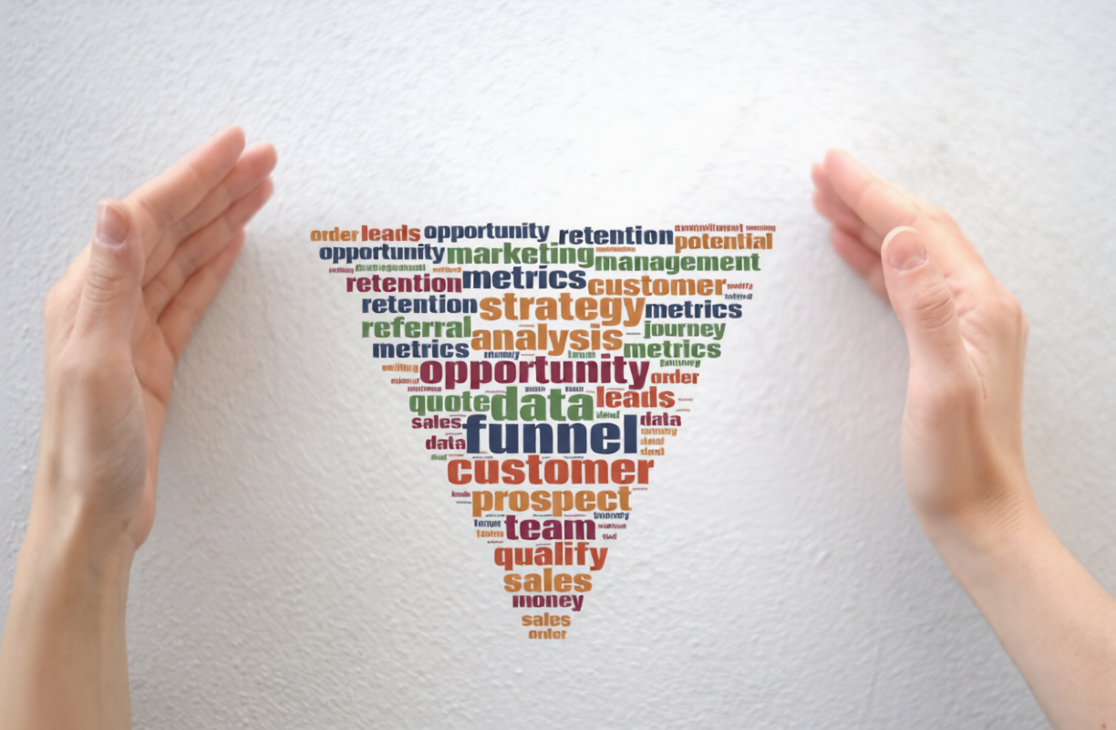 Marketing sales funnel chart enclosed by female hands, customer journey from lead to order, wordcloud, sales concept, digital marketing strategy