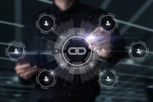 Businessman draw structure link connection on virtual computer screen.