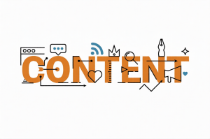 Content word lettering typography design illustration with line icons and ornaments in orange theme