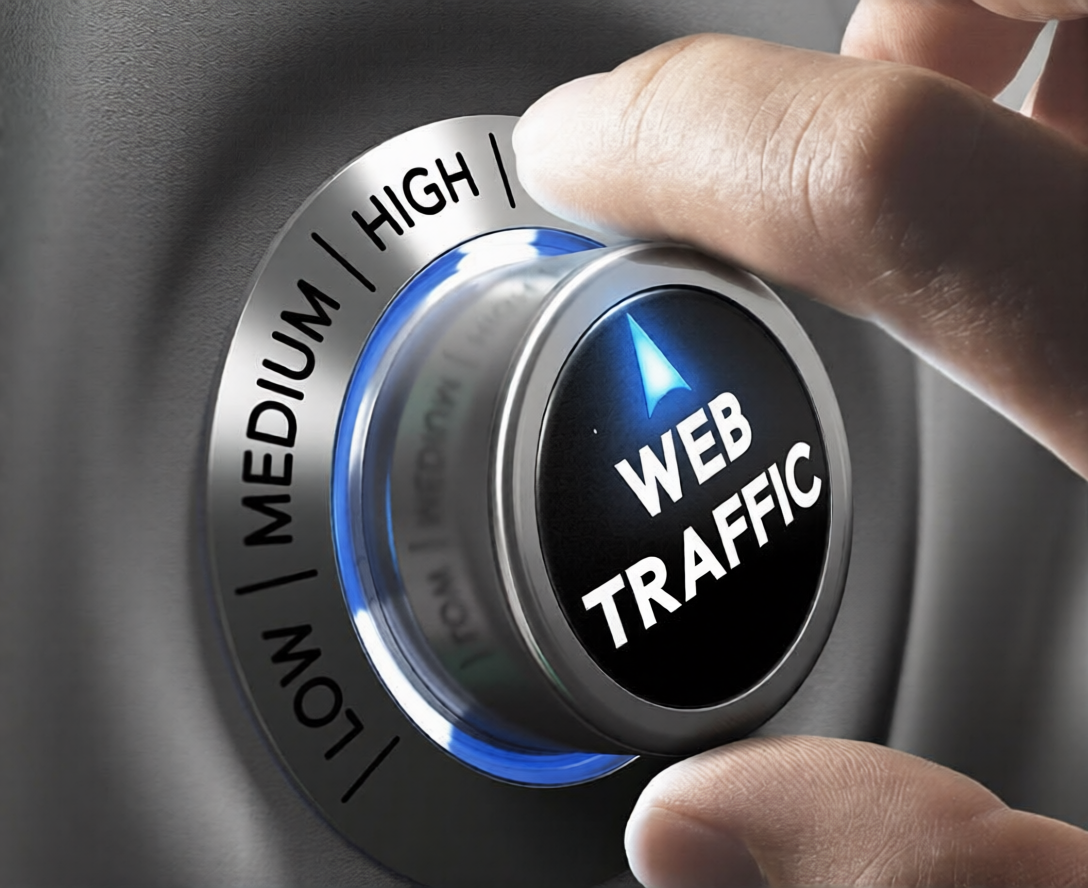 Web traffic button pointing high position with two fingers, blue and grey tones, Conceptual image for internet seo.