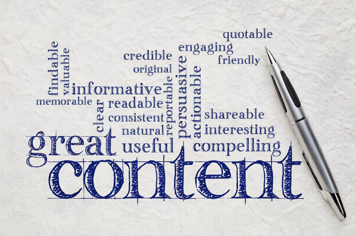 great content writing word cloud on a white lokta paper - business writing and content marketing concept