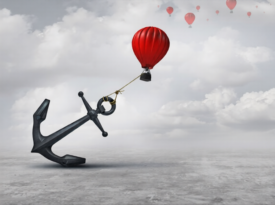 Held back metaphor as a large anchor holding or oppressing an air balloon and restricting movement as a suppression business metaphor from aspiring to succeed with 3D illustration elements.