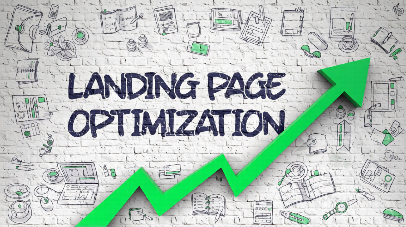 Landing Page Optimization on Modern Illustation. with Green Arrow and Hand Drawn Icons Around.