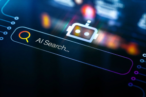 AI Search. Search Interface for AI Search and AI Chat on Digital Display with Chat Bot Icon on Top. Showcases Multi Modal AI Technologies