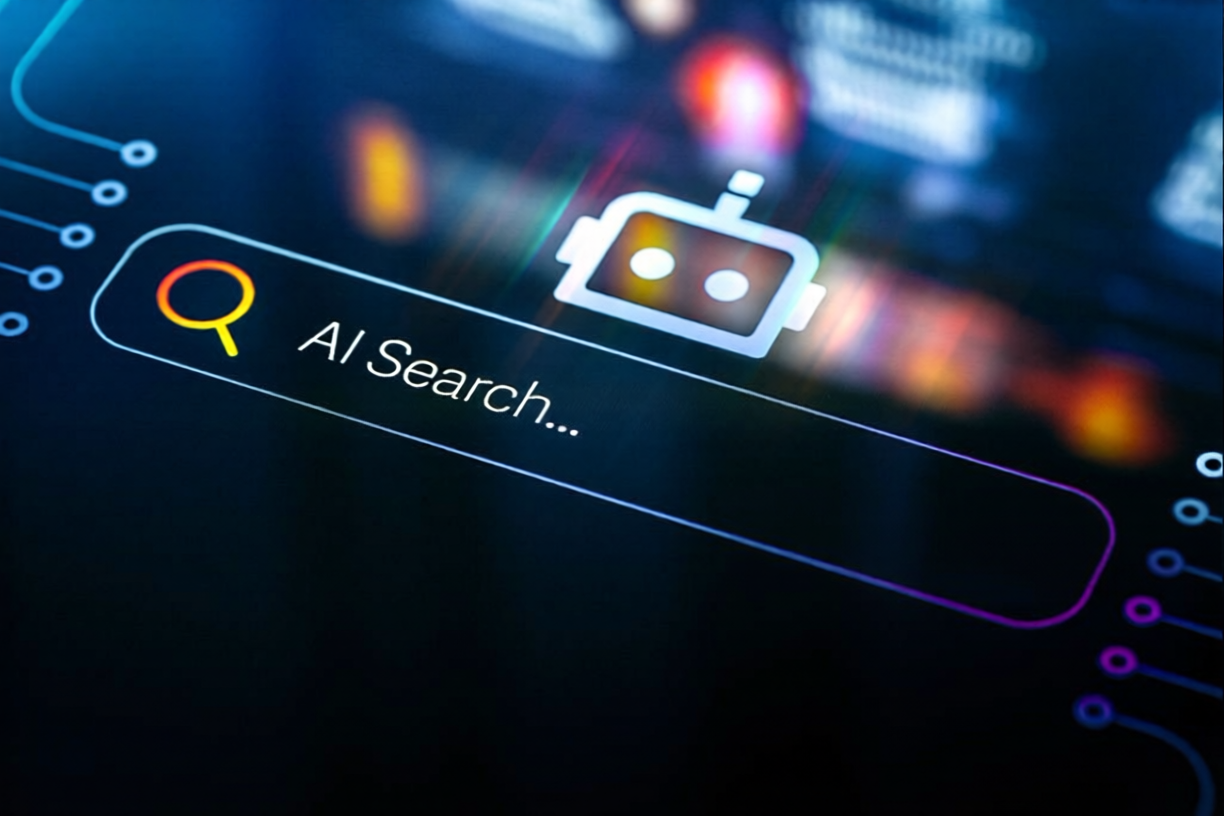 AI Search. Search Interface for AI Search and AI Chat on Digital Display with Chat Bot Icon on Top. Showcases Multi Modal AI Technologies
