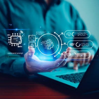 AI chatbot conversation using artificial intelligence technology smart robot AI, Generative AI, Answer, Command prompt for generate something, Customer support, laptop, assistant, Chat interface.