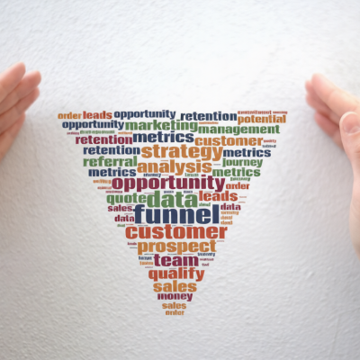Marketing sales funnel chart enclosed by female hands, customer journey from lead to order, wordcloud, sales concept, digital marketing strategy