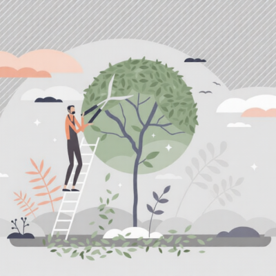 Tree pruning and gardening as tree trimming or shaping tiny person concept. Professional canopy crown forming with gardeners scissors as pruner occupation work visualization