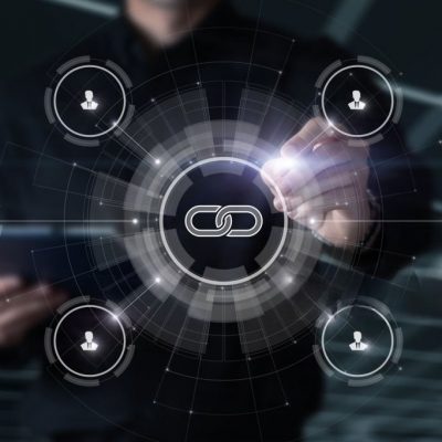Businessman draw structure link connection on virtual computer screen.