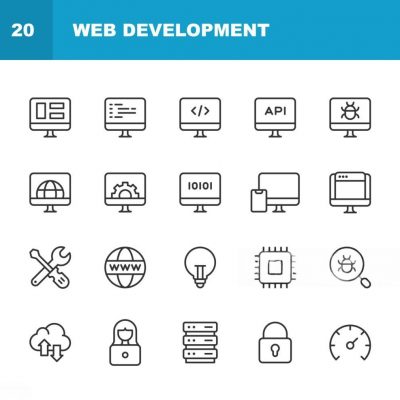 Web Development Line Icons. Editable Stroke. Pixel Perfect. For Mobile and Web. Contains such icons as Artificial Intelligence, Cloud Computing, Data Science, Database, Design, Engineer, Programming, SEO, Software Development, Web Design