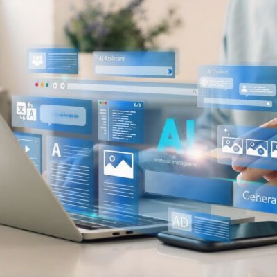 Artificial Intelligence Content Generator. A man uses a laptop to interact with AI assistant. AI offers functions like chatbot, generate images, write code, writer bot, translate and advertising.
