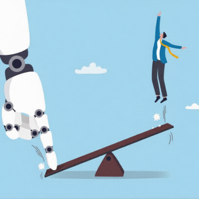 Artificial intelligence to support and help business success, AI automation tech, innovation boost employee development, assistant for improvement concept, robot hand help businessman jump on seesaw.
