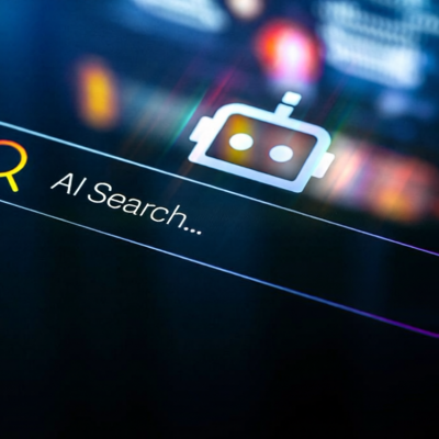 AI Search. Search Interface for AI Search and AI Chat on Digital Display with Chat Bot Icon on Top. Showcases Multi Modal AI Technologies