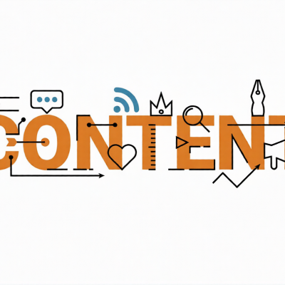 Content word lettering typography design illustration with line icons and ornaments in orange theme