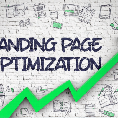 Landing Page Optimization on Modern Illustation. with Green Arrow and Hand Drawn Icons Around.